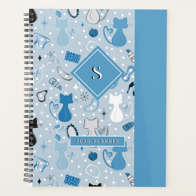 Blue Heart Cats Mitte des Jahrhunderts Planer (Vorderseite)