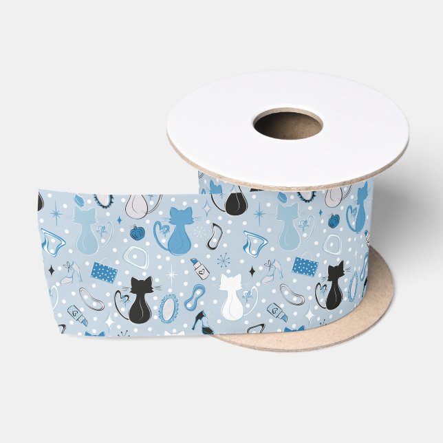 Blue Heart Cats Mitte des Jahrhunderts Satinband (Spule)