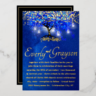 Blue Heart Leaf Tree Gold Wedding Folieneinladung