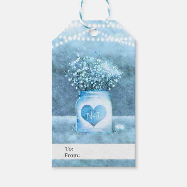 Blue Heart Mason Jar & Gipskraut Rustikal Geschenkanhänger (Vorderseite)
