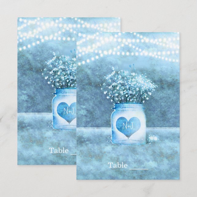 Blue Heart Mason Jar & Gipskraut Tischnummer (Vorne/Hinten)