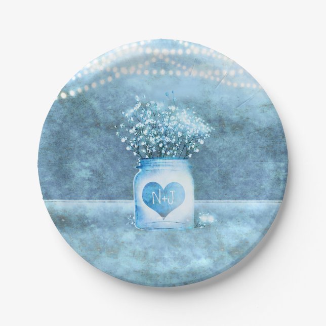 Blue Heart Mason Jar & Gipskraut Wedding Pappteller (Vorderseite)