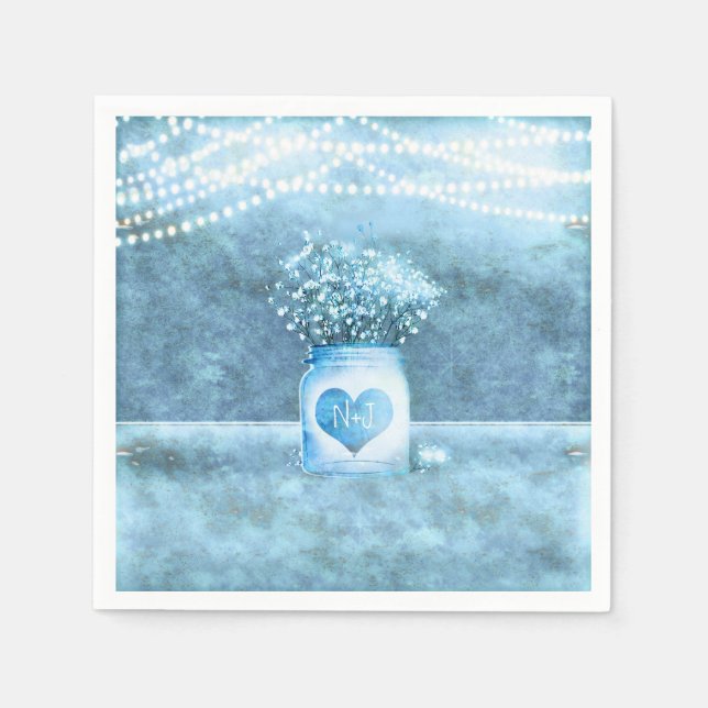Blue Heart Mason Jar & Gipskraut Wedding Serviette (Vorderseite)