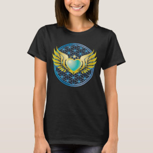 Blue Heart mit Gold Angel Wings über Blume des Le T-Shirt