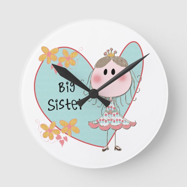Blue Heart Princess Big Sister Runde Wanduhr (Vorderseite)
