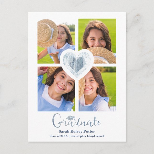 Blue Heart Trendy All School Abschluss 4 Fotos Postkarte (Vorderseite)