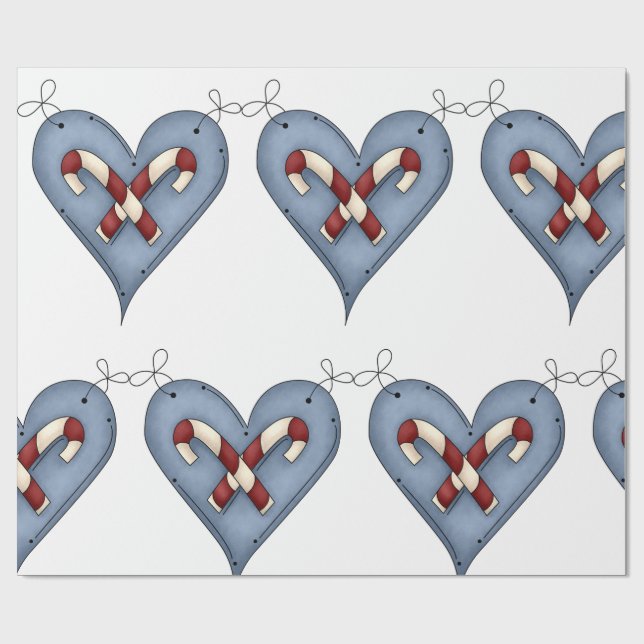 Blue Heart with Candy Canes Country Christmas Geschenkpapier (Flach)