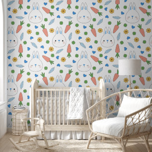 Blue Hearts Bunny Carrot Boy Kinderzimmer Pattern Tapete