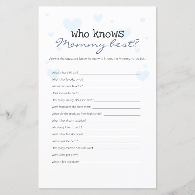Blue Hearts, die Mommy Best Baby Shower Game kenne (Vorderseite)