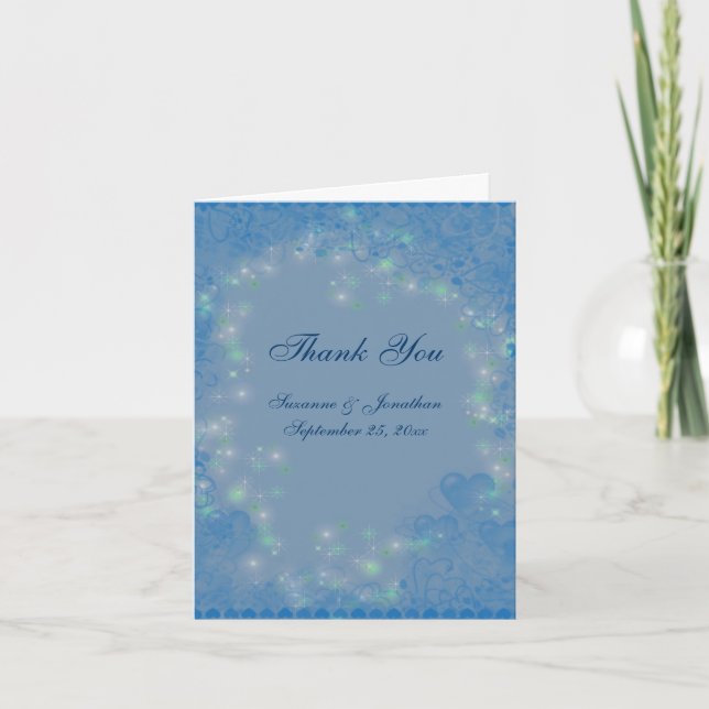 Blue Hearts Funkelnd Lights Personalisiert Hochzei Dankeskarte (Vorderseite)