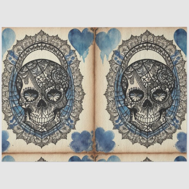 Blue Hearts Gothic Sugar Skull ephemera Seidenpapier (Vorderseite)