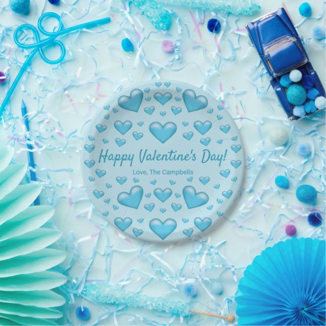 Blue Hearts Happy Valentine's Day & Custom Text Pappteller (Party)