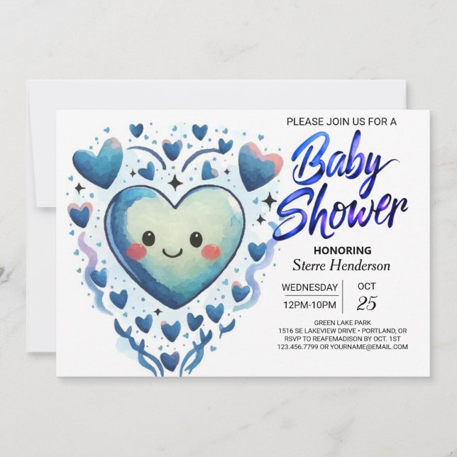 Blue Hearts Little Süsse Elegante Boy Baby Dusche Einladung (Vorderseite)