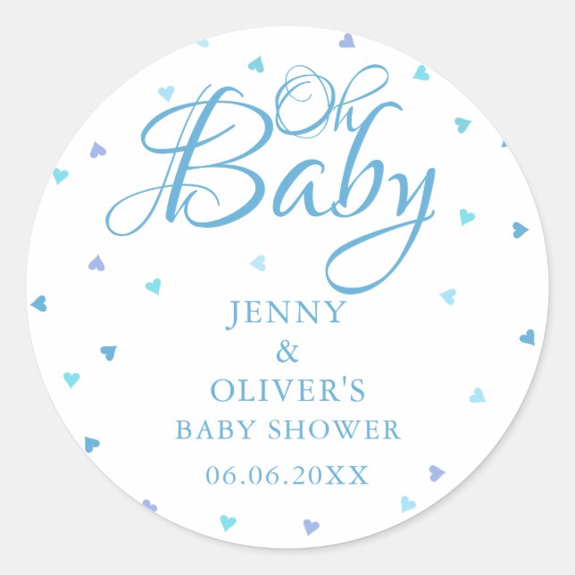 Blue Hearts Oh Baby Couples Baby Boy Dusche Runder Aufkleber (Vorderseite)