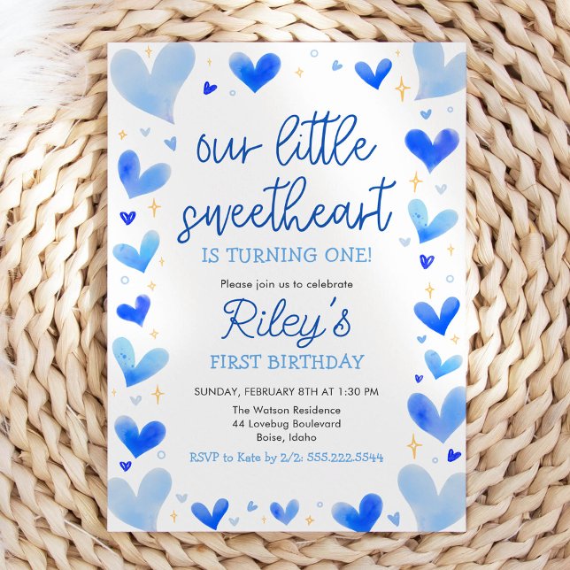 Blue Hearts Our Little Sweetheart Geburtstag Einladung (Von Creator hochgeladen)
