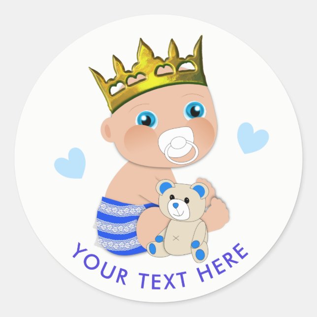 Blue Hearts Prince Baby Boy Dusche Personalisiert Runder Aufkleber (Vorderseite)
