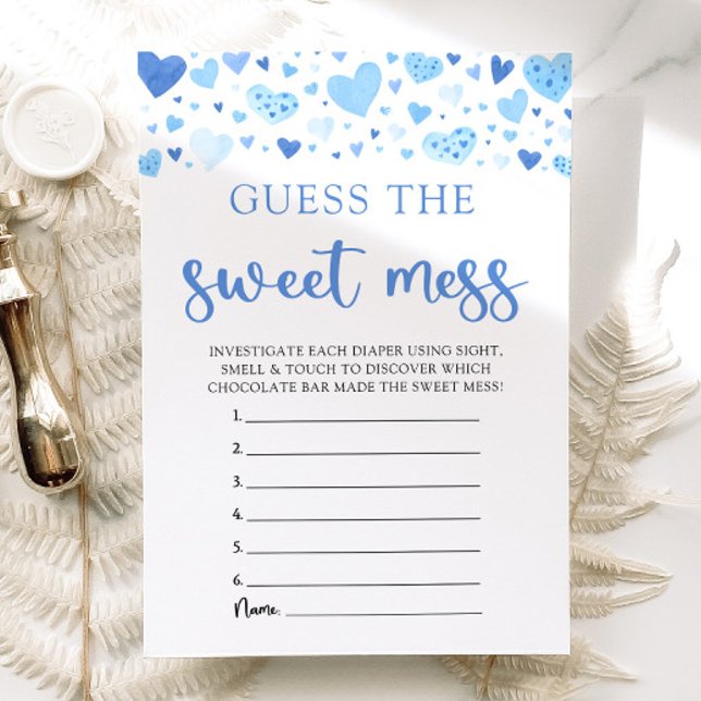 Blue Hearts Raten Sie das Sweet Mess Baby Shower G Einladung (Watercolor Cute Blue Hearts Valentine Sweetheart February Boy Guess the Sweet Mess Baby Shower Game)