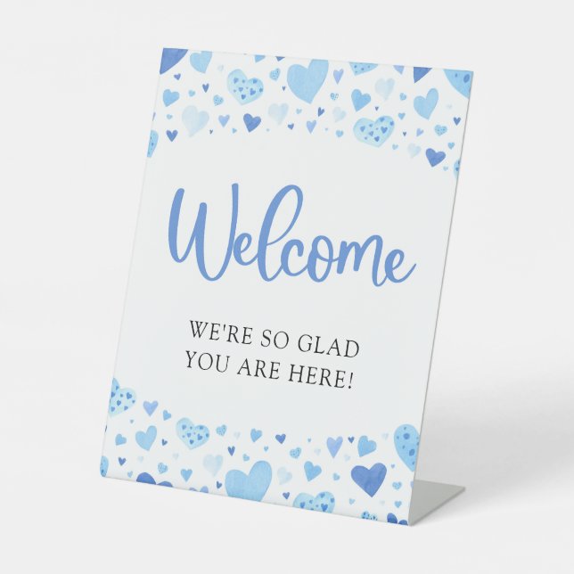 Blue Hearts Valentine Baby Dusche Begrüßungszeiche Sockelschild (Vorderseite)