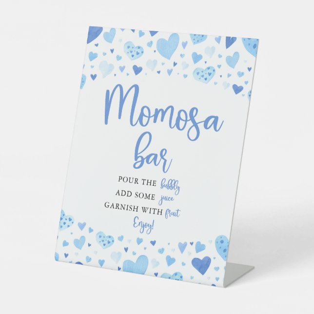 Blue Hearts Valentine Baby Dusche Momosa Bar Sign Sockelschild (Vorderseite)