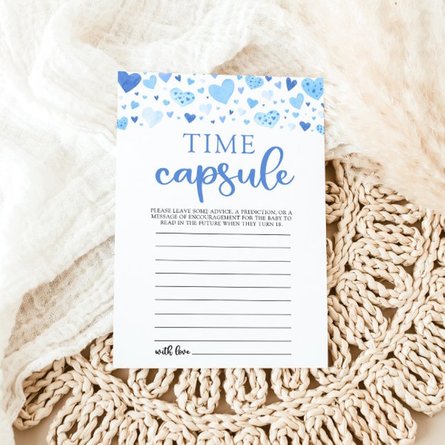 Blue Hearts Valentine Baby Shower Time Kapsel Einladung (Watercolor Blue Hearts Valentine Sweetheart Heartbreaker February Boy Time Capsule Baby Shower Game)