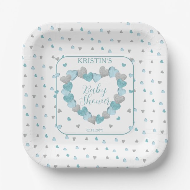 Blue Hearts Wreath eine kleine Sweetheart Baby Dus Pappteller (Vorderseite)