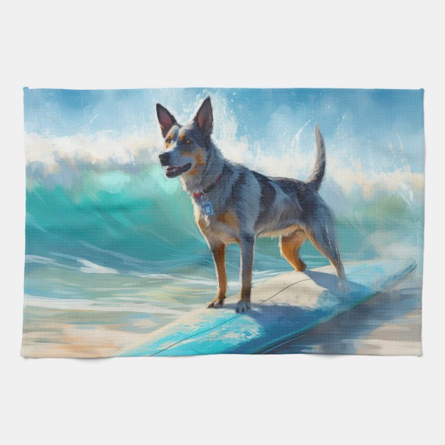 Blue Heeler Beach Surfanstrich Geschirrtuch (Horizontal)