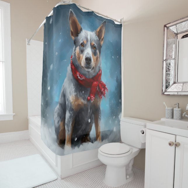 Blue Heeler Dog in Schnee Weihnachten Duschvorhang (Beispiel)