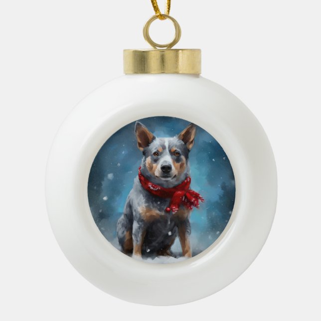 Blue Heeler Dog in Schnee Weihnachten Keramik Kugel-Ornament (Vorderseite)