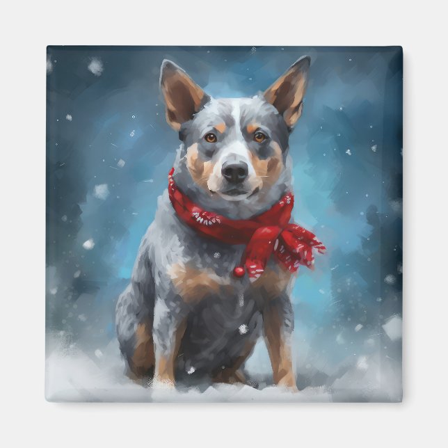 Blue Heeler Dog in Schnee Weihnachten Magnet (Vorne)