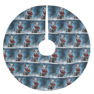 Blue Heeler Dog in Schnee Weihnachten Polyester Weihnachtsbaumdecke