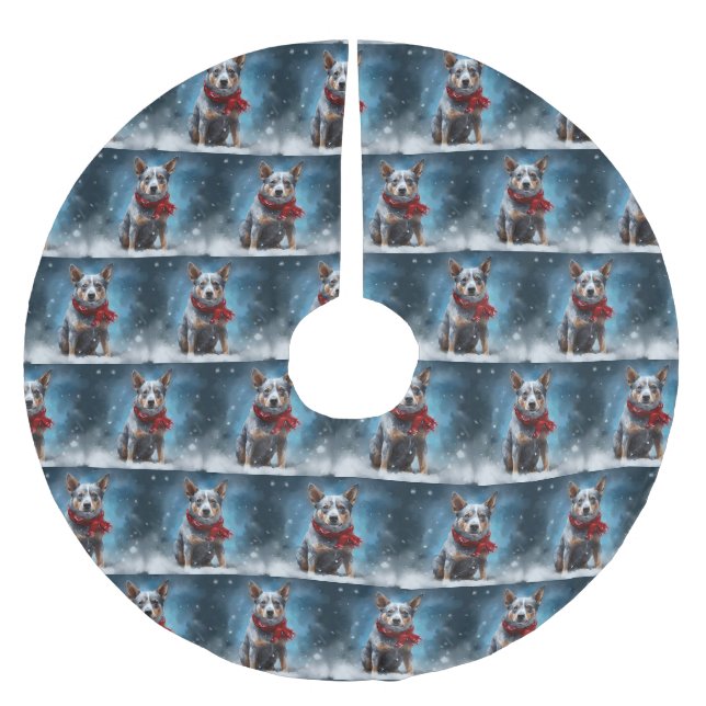 Blue Heeler Dog in Schnee Weihnachten Polyester Weihnachtsbaumdecke (Vorderseite)