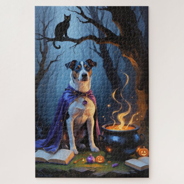 Blue Heeler Dog Whimsical Halloween Malerei (Vertikal)