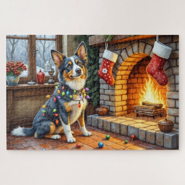 Blue Heeler Fireplace with Christmas Lights (Horizontal)