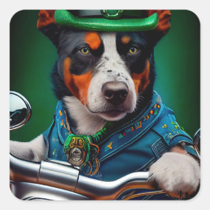 Blue Heeler Hund fährt Fahrrad St. Patrick's Day Quadratischer Aufkleber