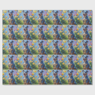 Blue Heeler Hund Frühlingsblumen Malerei Geschenkpapier