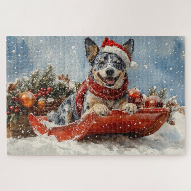 Blue Heeler Hund in Sledge Lass es Schnee Weihnach (Horizontal)