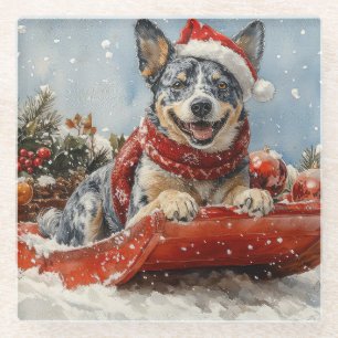 Blue Heeler Hund in Sledge Lass es Schnee Weihnach Glasuntersetzer