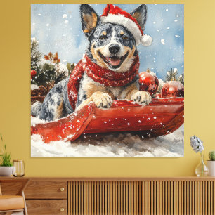 Blue Heeler Hund in Sledge Lass es Schnee Weihnach Leinwanddruck