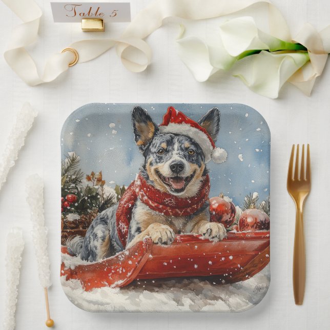 Blue Heeler Hund in Sledge Lass es Schnee Weihnach Pappteller (Hochzeit)