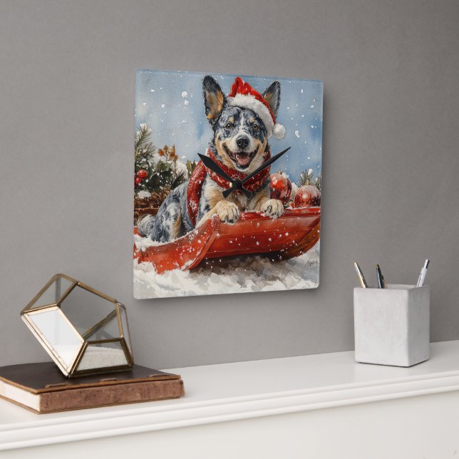 Blue Heeler Hund in Sledge Lass es Schnee Weihnach Quadratische Wanduhr (Büro)