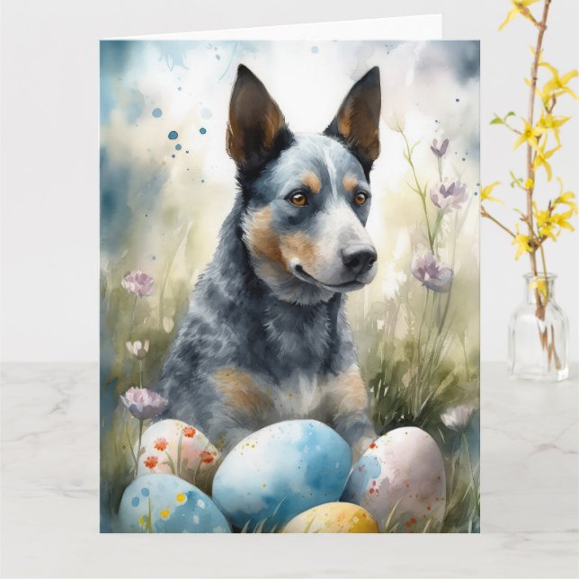 Blue Heeler Hund mit Ostereiern Urlaub Karte (Gelbe Blume)