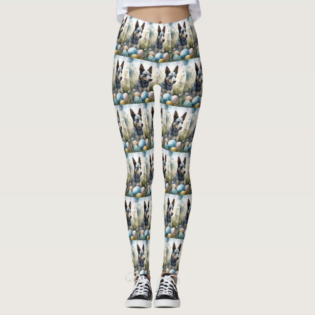 Blue Heeler Hund mit Ostereiern Urlaub Leggings (Vorderseite)