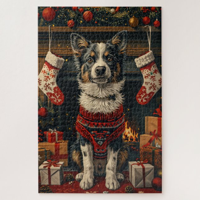 Blue Heeler Hund mit Weihnachtsgeschenken Feuerpla (Vertikal)