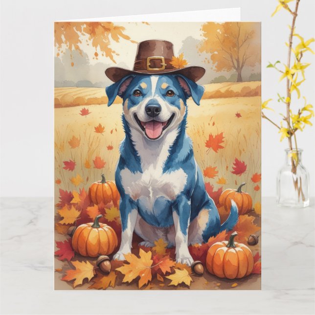 Blue Heeler im Herbst lässt Erntedank Art Karte (Gelbe Blume)