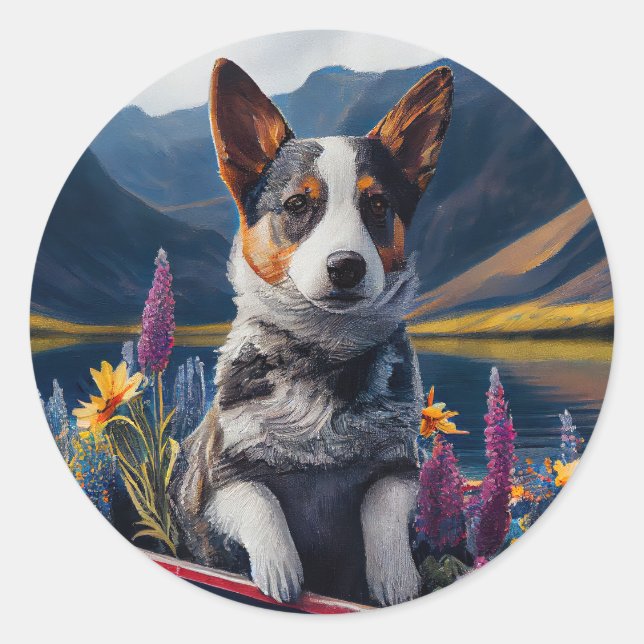 Blue Heeler on a Paddle: Ein Landschaftliches Aben Runder Aufkleber (Vorderseite)