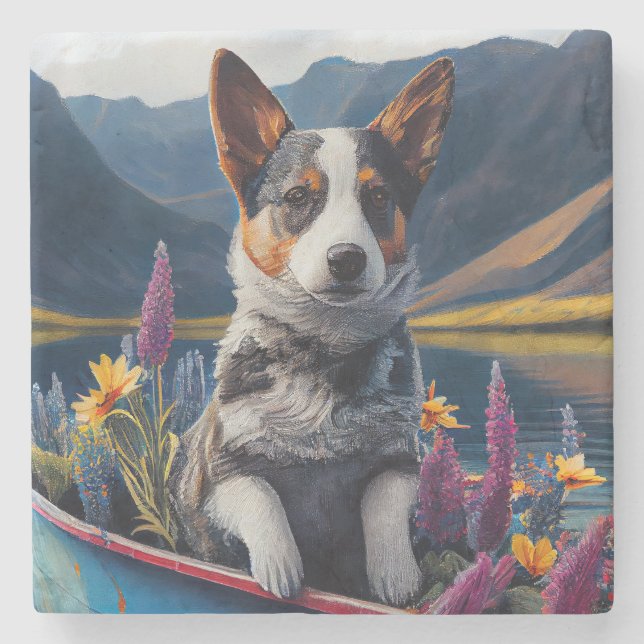 Blue Heeler on a Paddle: Ein Landschaftliches Aben Steinuntersetzer (Vorderseite)