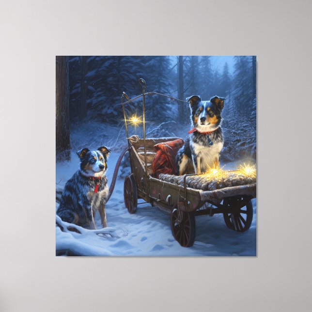 Blue Heeler Snowy Sleigh Weihnachtsdekor Leinwanddruck (Vorderseite)