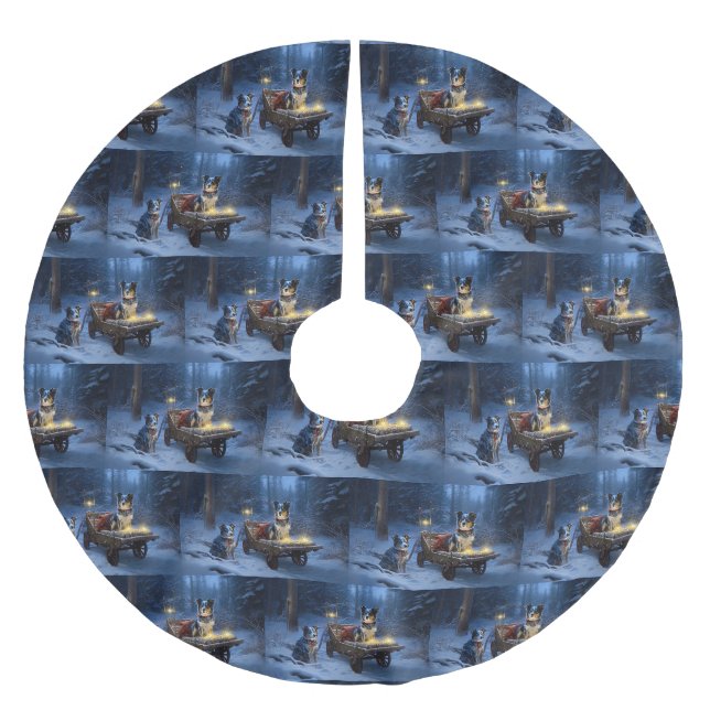 Blue Heeler Snowy Sleigh Weihnachtsdekor Polyester Weihnachtsbaumdecke (Vorderseite)