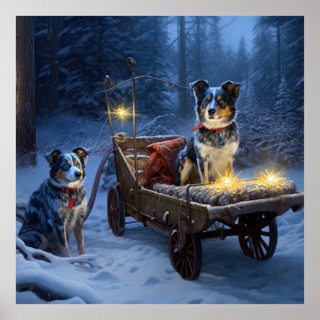 Blue Heeler Snowy Sleigh Weihnachtsdekor Poster (Vorne)
