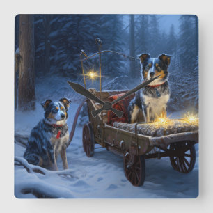 Blue Heeler Snowy Sleigh Weihnachtsdekor Quadratische Wanduhr